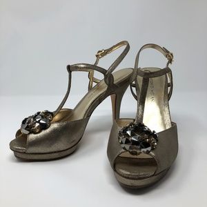 ANTONIO MELANI Gold Platform T-Bar Peep Sling-back